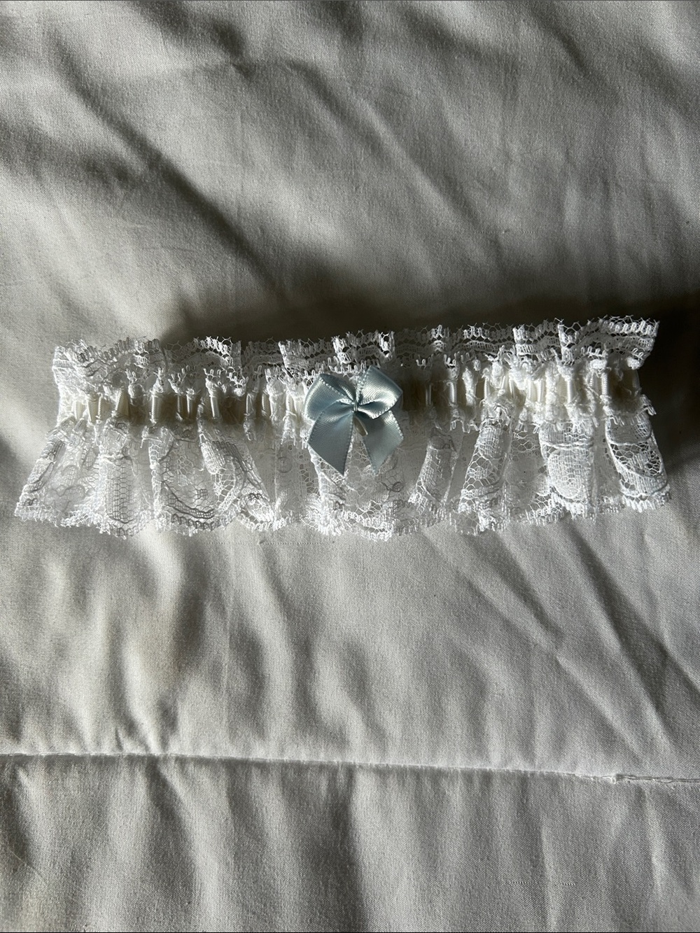 White Lace Bridal Garter with Light Blue Satin Bow Accent